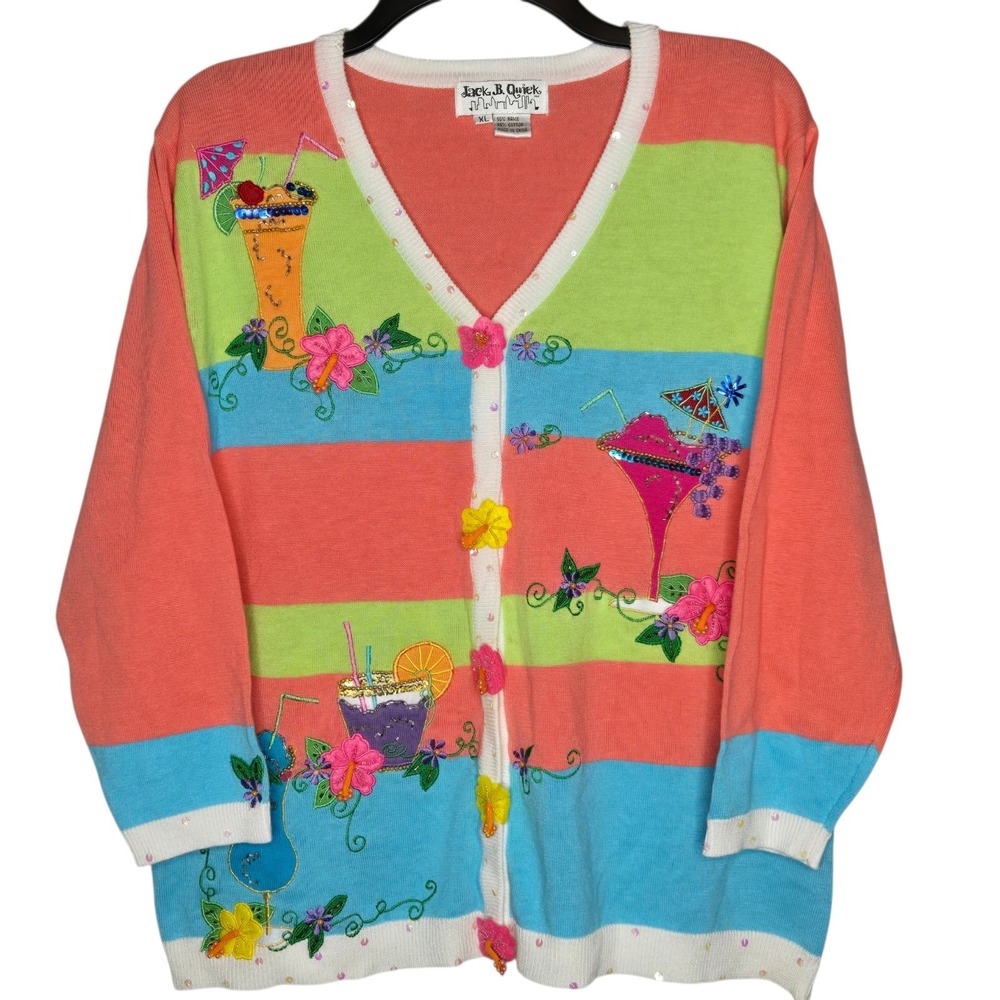 Vtg‎ Jack B Quick Tropical Cocktail Cardigan XL Novelty Beaded Striped Sweater